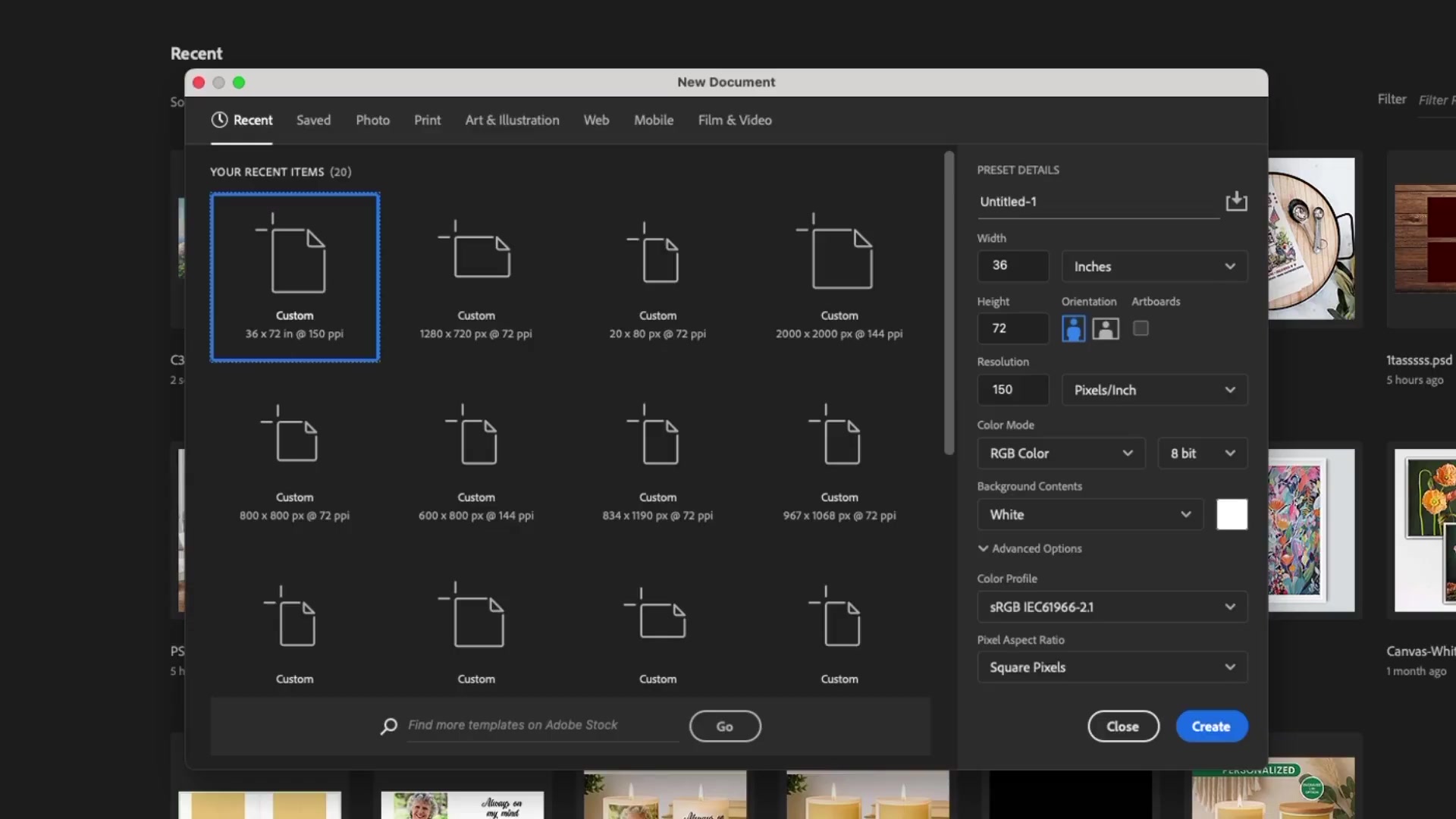 Adobe Photoshop 'New Document' dialog in dark theme, with 'Preset Details' showing Width: 72 inches, Height: 36 inches, Resolution: 150 pixels/inch, landscape orientation; recent custom presets like '36 x 72 in @ 150 ppi' highlighted on left.