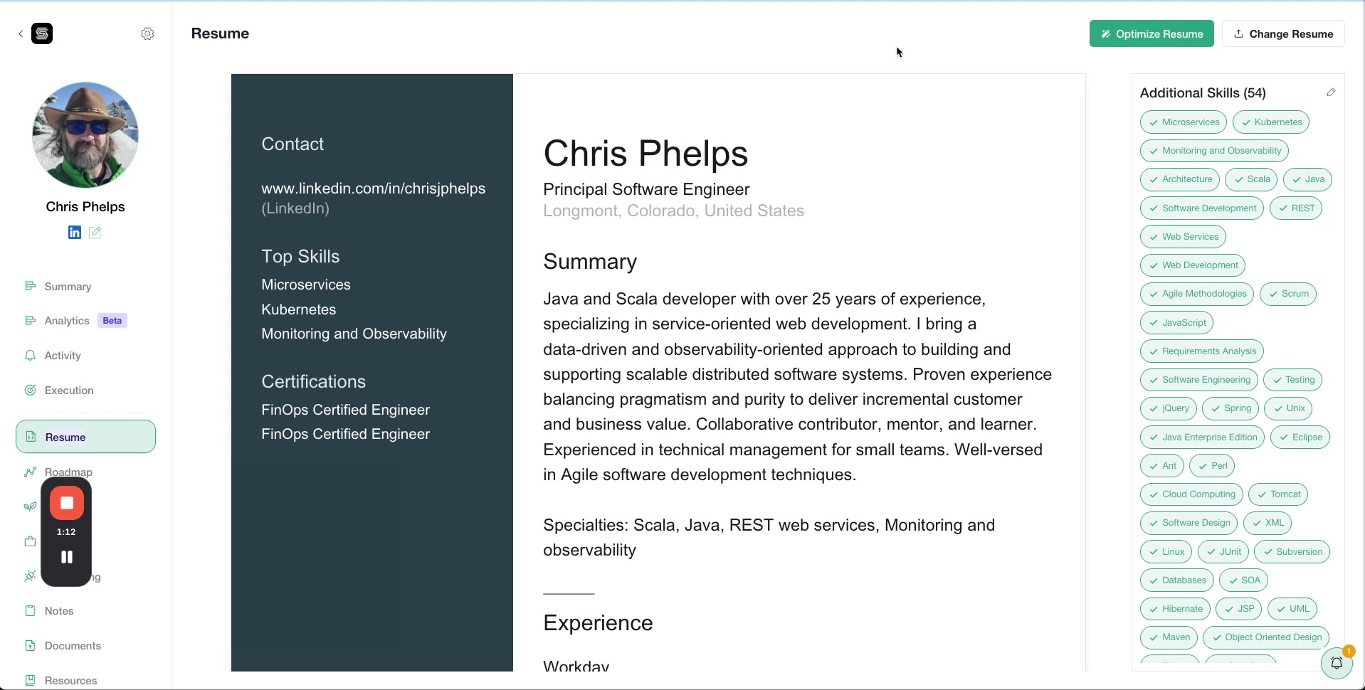 Resume view highlighting the Optimize Resume button in top-right with profile, summary, experience, and skills sections visible