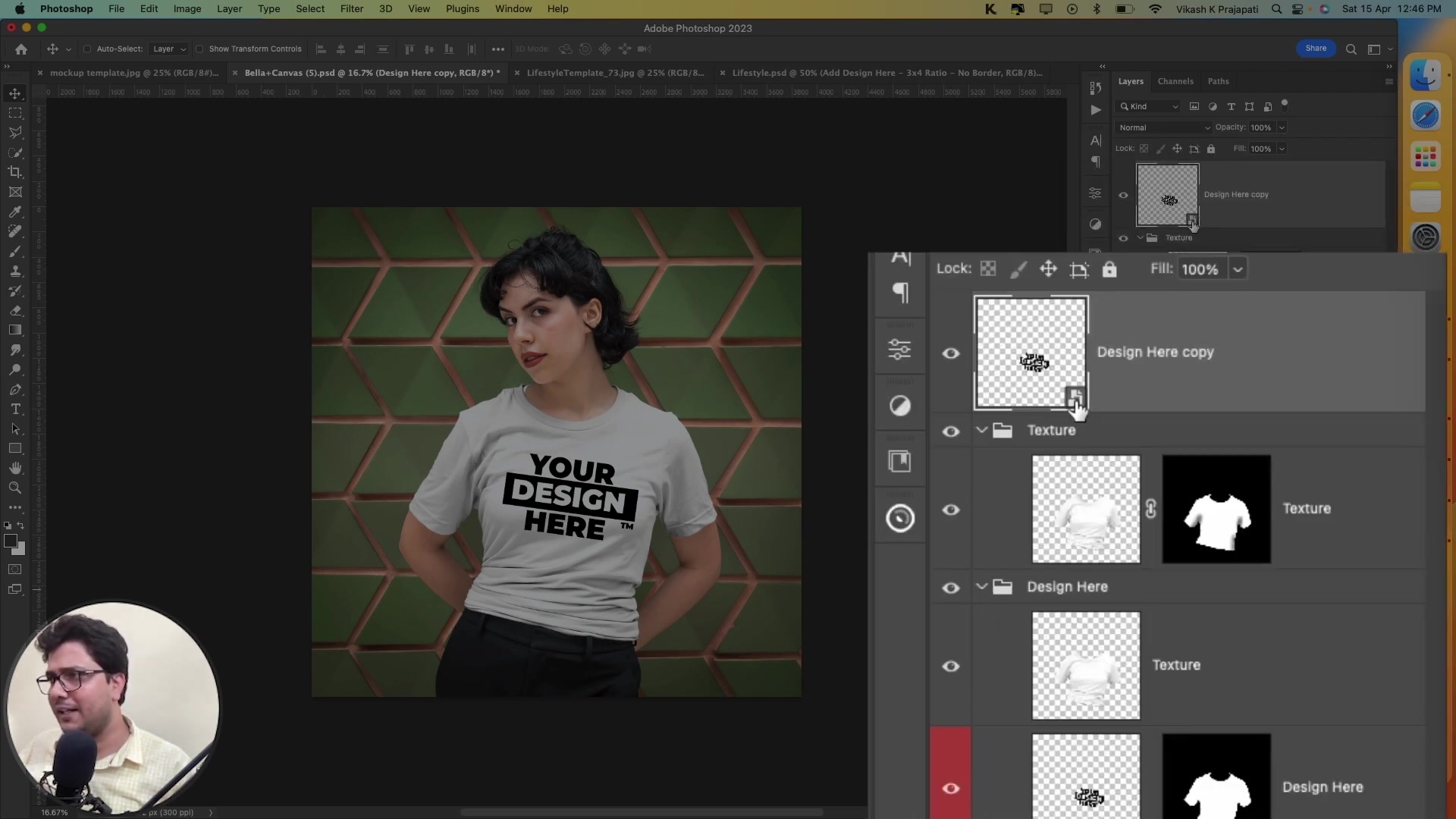 Close-up of Adobe Photoshop Layers panel for a t-shirt mockup template, highlighting the Smart Object layer with its distinctive icon (small page with folded corner) in the bottom-right of the thumbnail.
