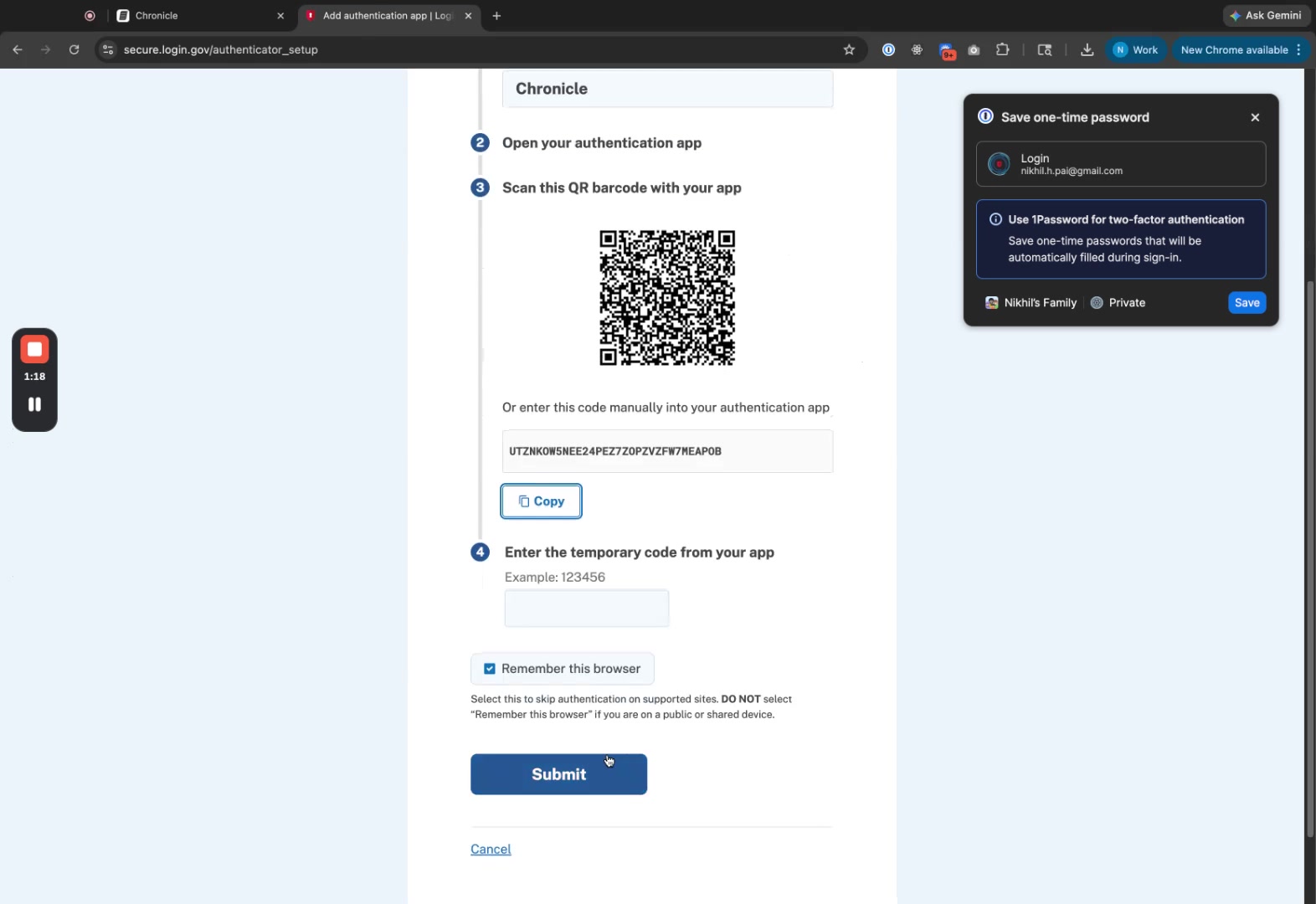 Temporary code field filled on Login.gov
