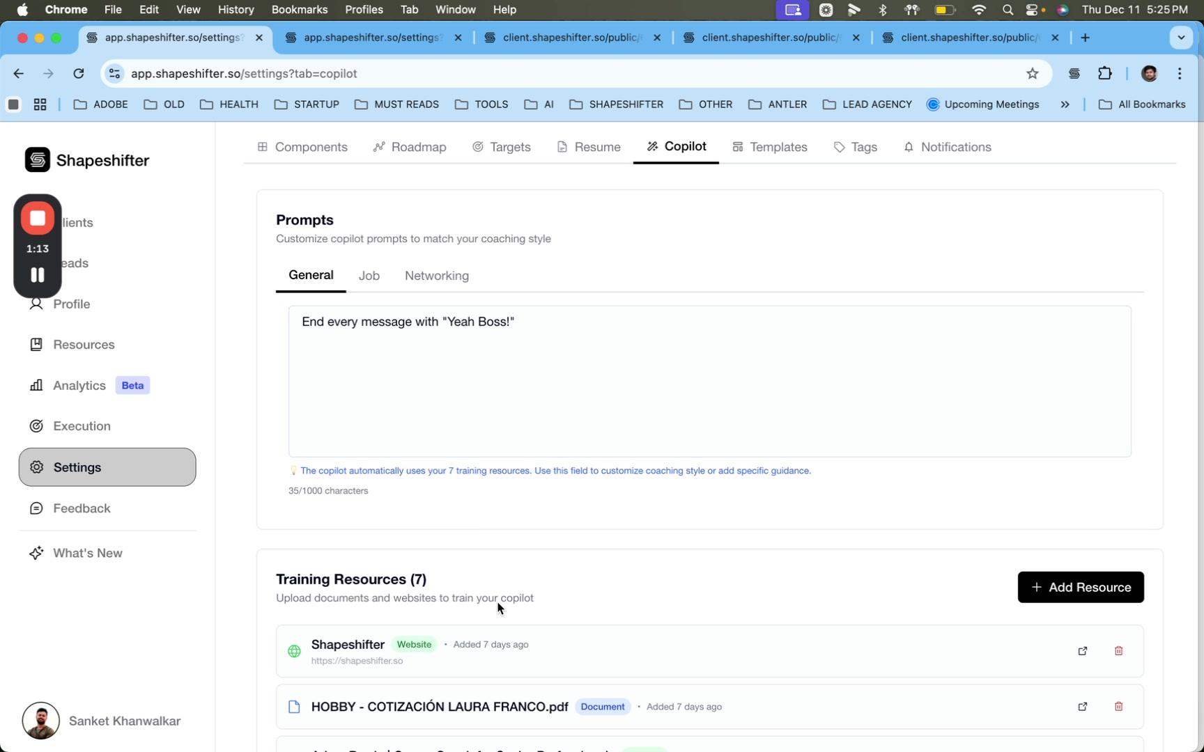 General Copilot prompt field with example text 'End every message with Yeah Boss!'