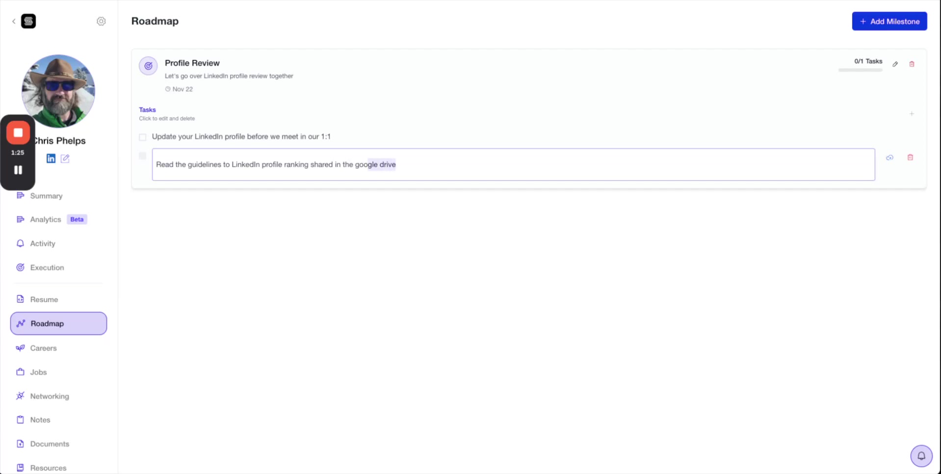 Expanded milestone showing tasks with text input fields