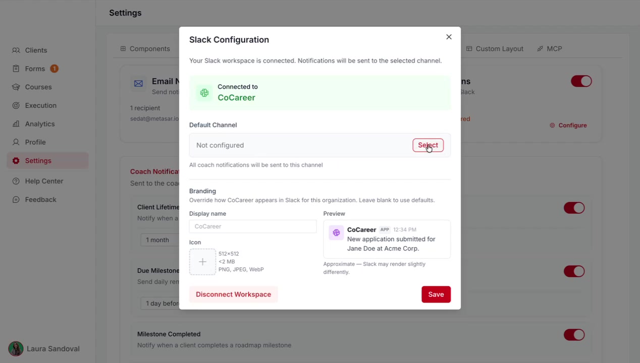 Select Default Channel modal listing available Slack channels