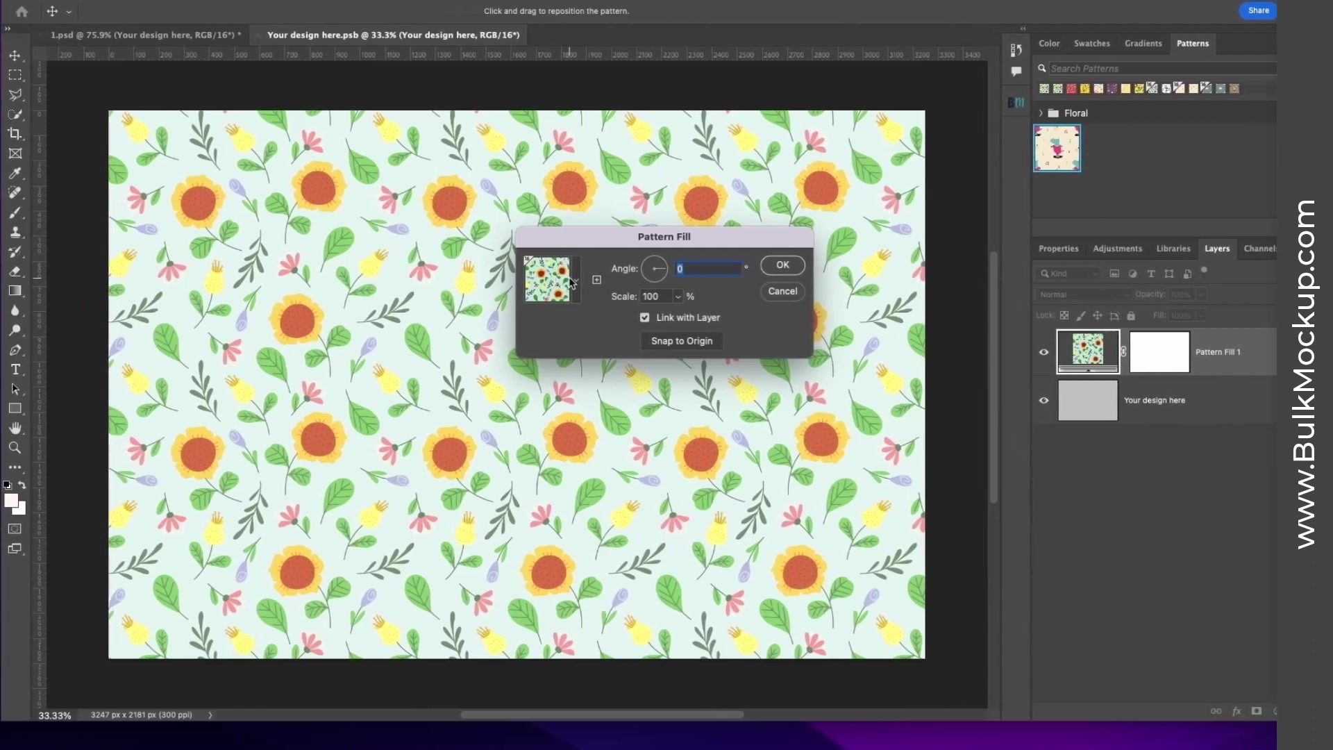 Adobe Photoshop 'Pattern Fill' dialog with a hippo pattern selected, Scale at 100%, Angle at 0°, Link with Layer checked. Canvas shows tiled pattern; Layers panel lists 'Pattern Fill 1' and 'Your design here'.