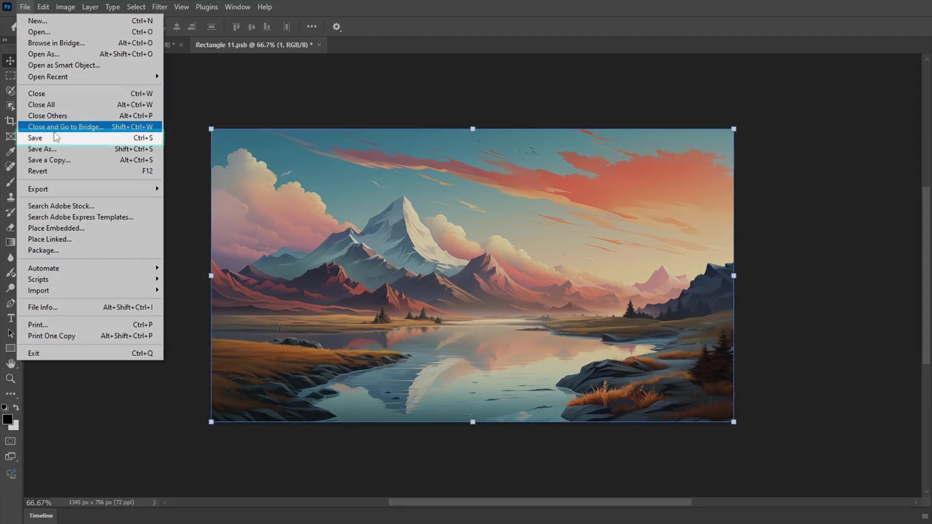 Adobe Photoshop File dropdown menu open with 'Save' highlighted in the smart object editing tab, showing positioned landscape artwork.
