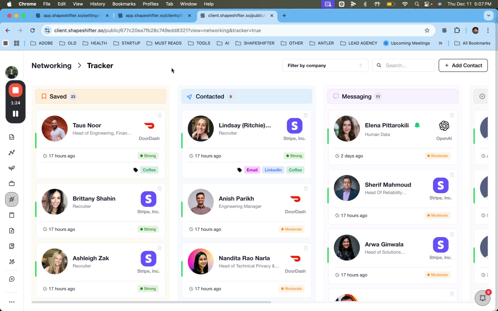 Jobs dashboard in Shapeshifter showing list of job postings with details like title, company, skills, tags, posting date, and location; includes search, filters, and tracker columns.