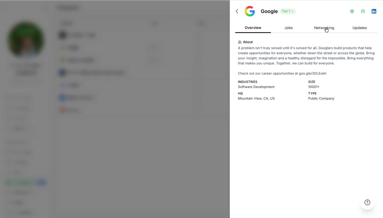 Company Networking tab with AI suggestions