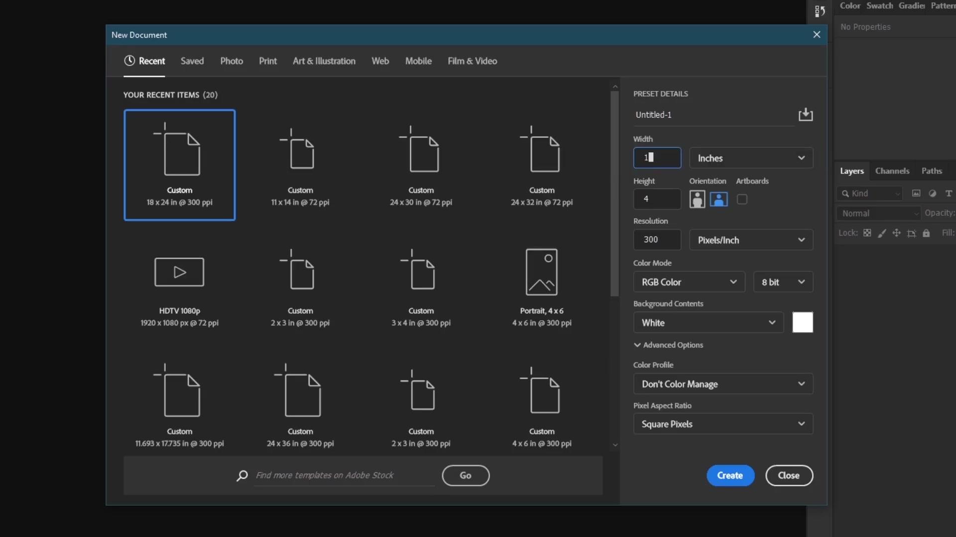 Photoshop 'New Document' dialog in dark theme under 'Recent' tab, showing preset grid (e.g., HDTV 1080p). Preset Details panel with Width: 18 inches, Height: 24 inches, Resolution: 300 pixels/inch, RGB Color Mode, White Background Contents, Inches unit selected, and Create/Close buttons.
