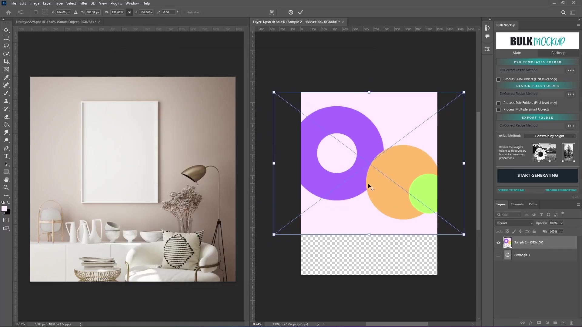 Split Photoshop view: Left shows living room lifestyle image with blank frame; right shows Bulk Mockup panel with folder paths, resize checkboxes, and active document of purple/orange/green overlapping circles. Layer panel displays Sample 2-1333x1000 and Rectangle 1.