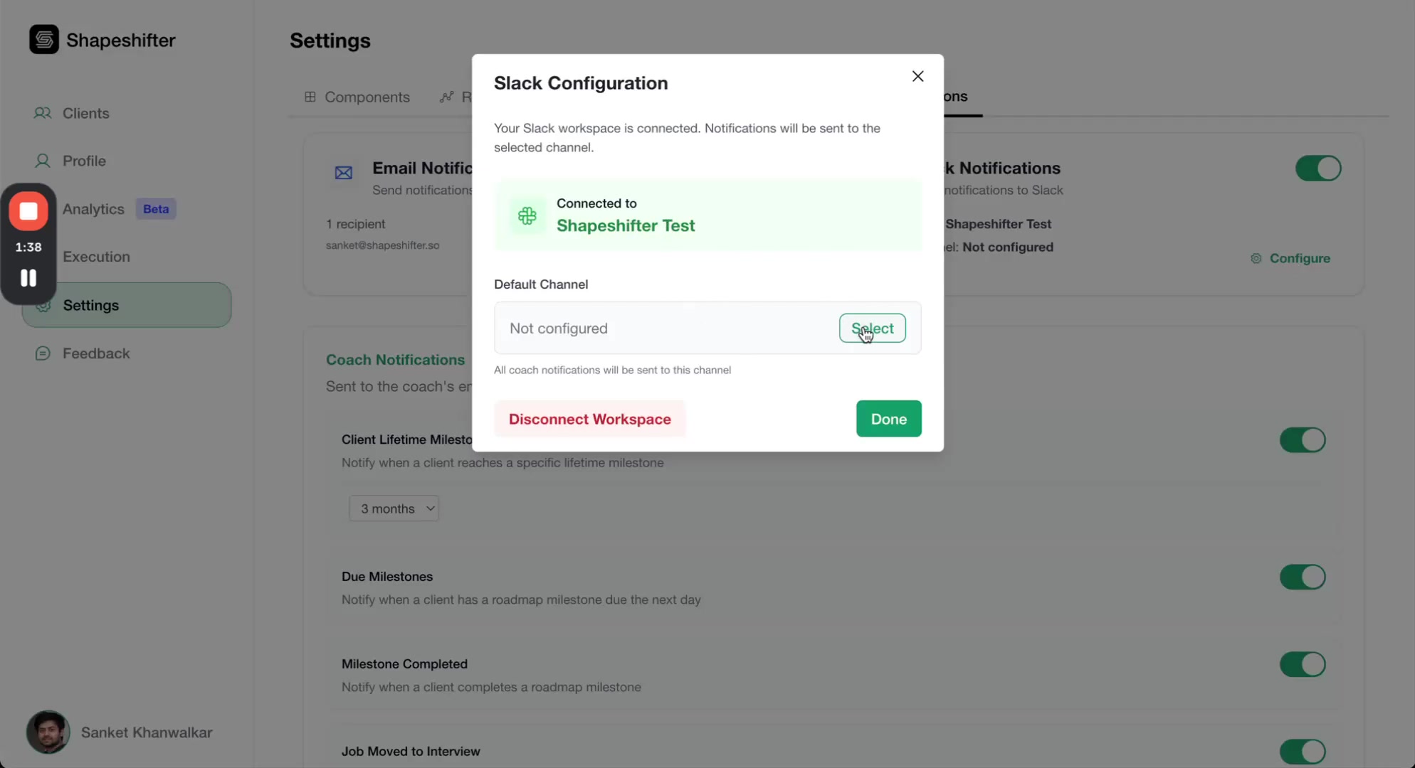 Select Default Channel modal displaying list of Slack channels including test-support-old-client, social, and test-coach-team