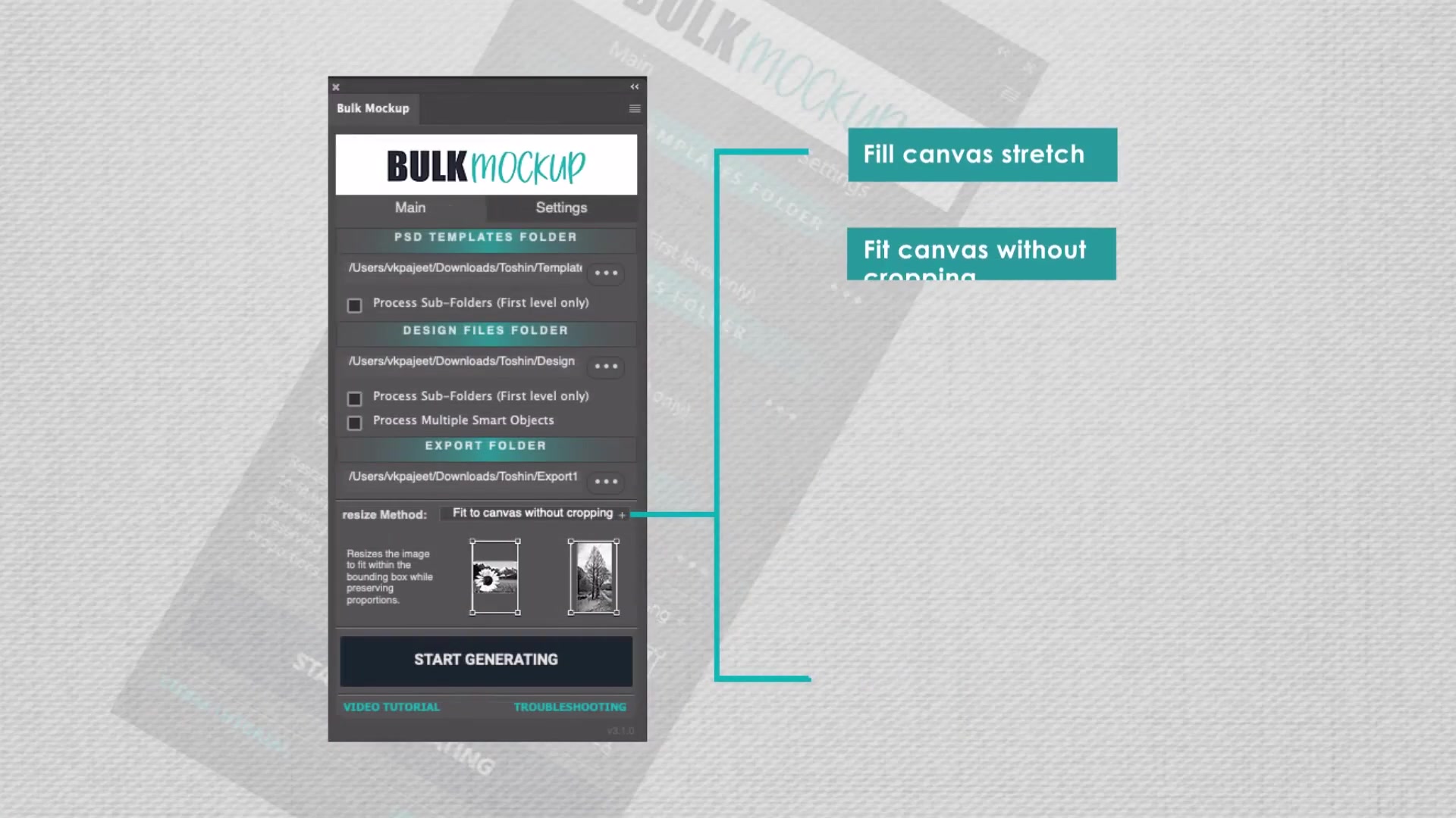 Bulk Mockup panel in Photoshop with Main and Settings tabs, PSD Templates Folder, Design Files Folder, and Export Folder paths. Resize Method dropdown set to Fit to canvas without cropping with explanatory text and small preview images. Checkboxes for sub-folders and smart objects. Teal callouts highlight Fill canvas stretch and Fit canvas without cropping options. Textured background with BULK MOCKUP watermark.