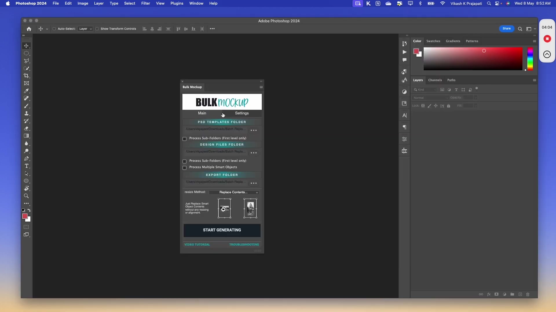 The 'Settings' tab of the 'Bulk Mockup' plugin, showing various 'Export Format' options like JPG, PNG, TIFF, PSD, GIF, WEBP, MP4. JPG is selected.