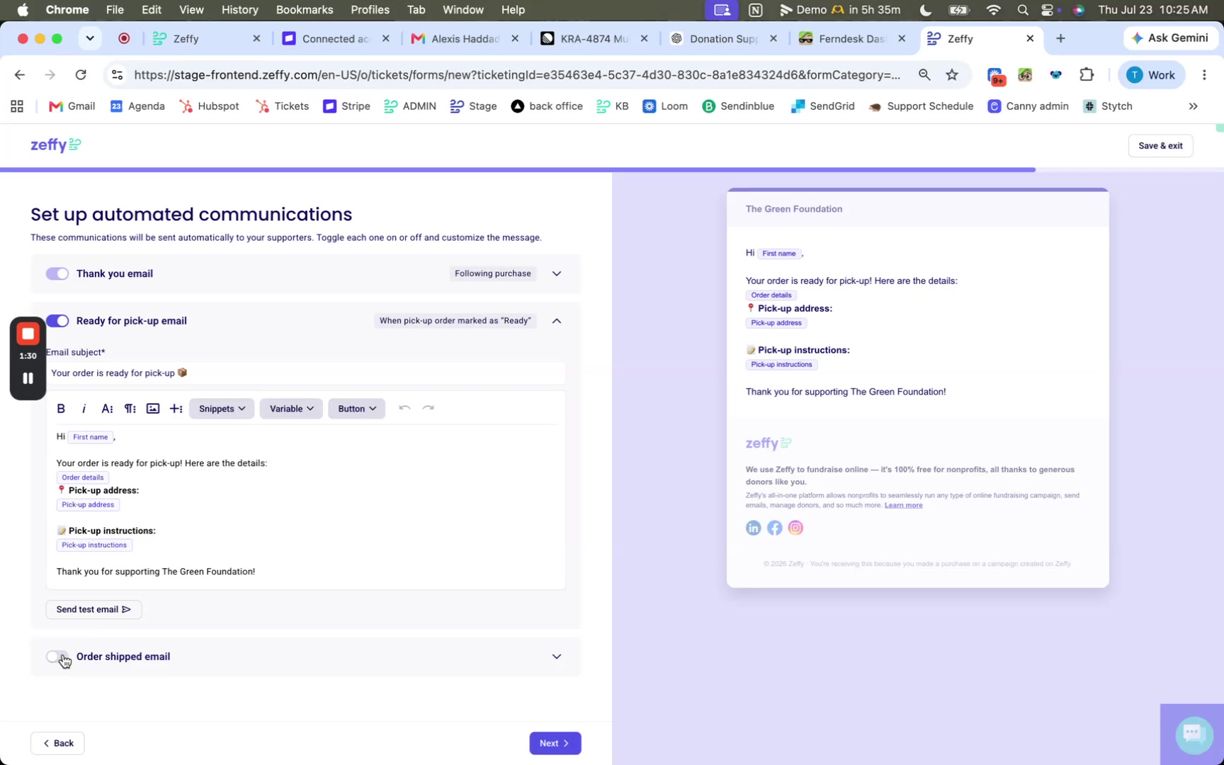 Order shipped email enabled with editable subject and body