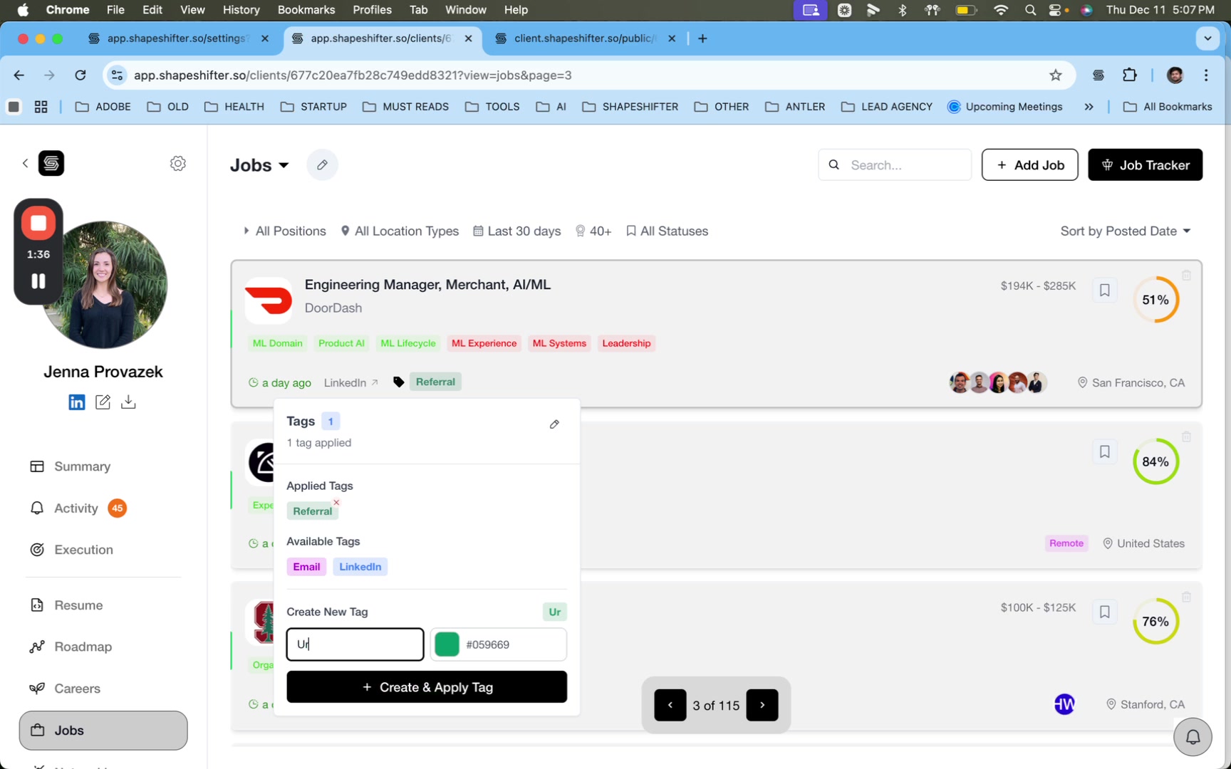Tags popup on job card in Shapeshifter for 'Engineering Manager, Merchant, AI/ML' at DoorDash: 'Referral' applied; 'Create New Tag' input with 'Ur' (for Urgent), green color selected, and 'Create & Apply Tag' button.