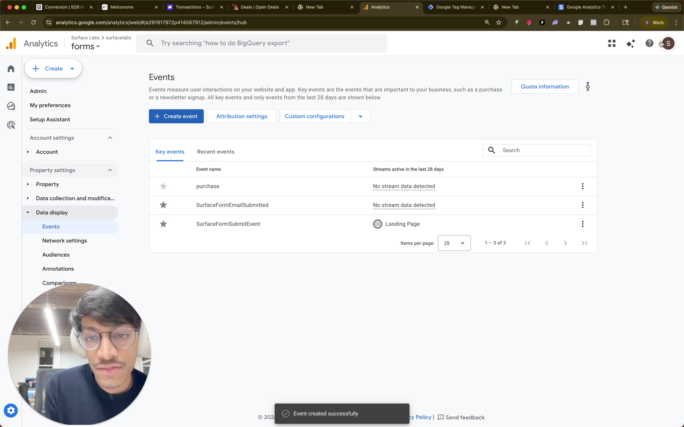 Google Analytics events list showing SurfaceFormEmailSubmitted and SurfaceFormMeetingBooked with success confirmation