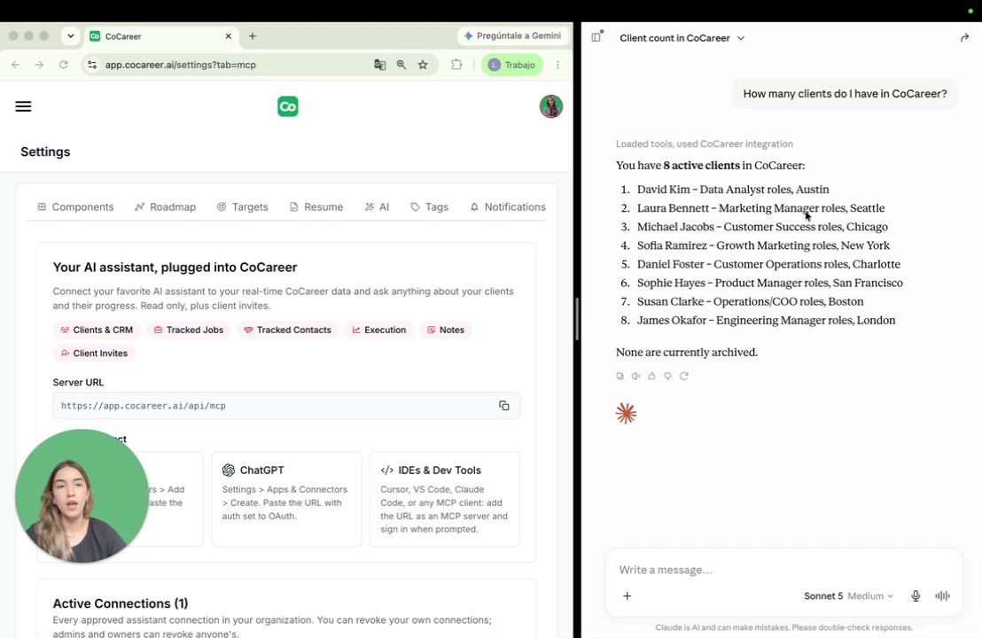 Claude response listing the eight active clients in CoCareer