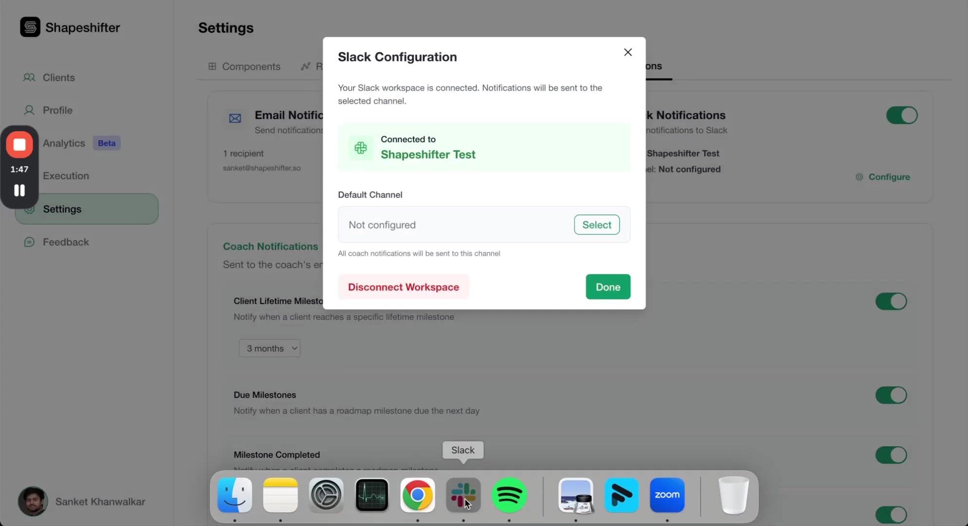 Slack workspace interface showing the test-coach-team channel with initial setup and message about joining