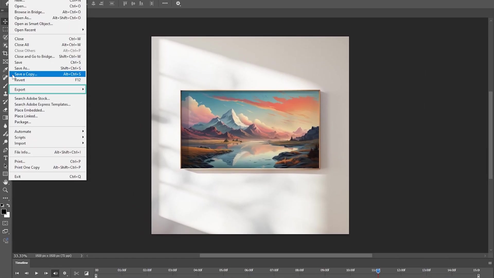 Adobe Photoshop File > Export dropdown with 'Render Video' highlighted, main canvas showing updated frame mockup with artwork.