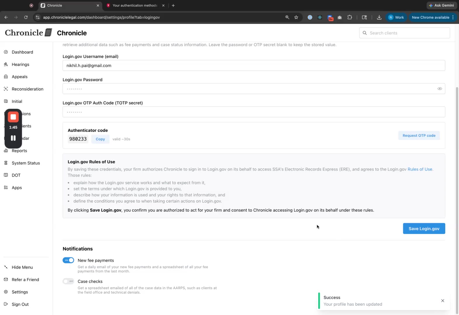 Success message after saving notifications