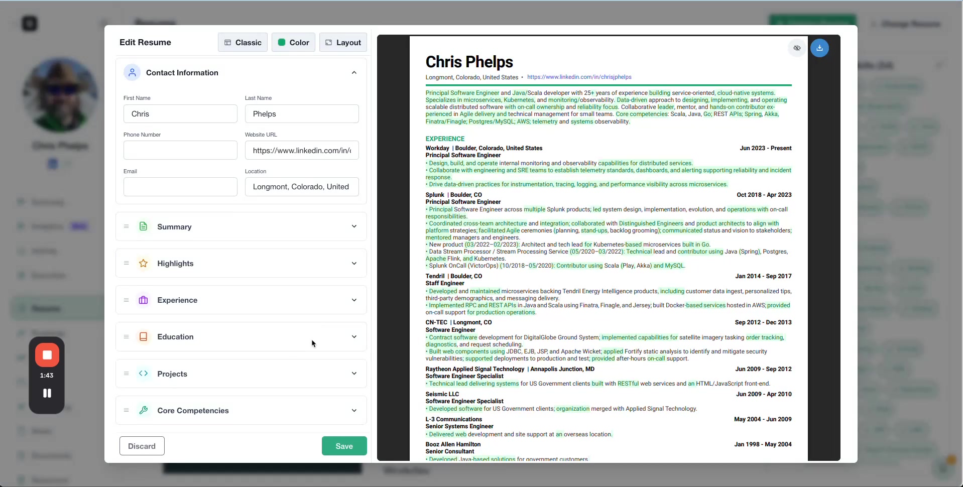 Optimized resume preview with green highlights on AI changes, left panel shows editable sections like Contact Information, Summary, Experience