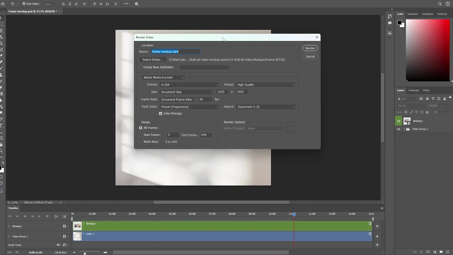 Adobe Photoshop 'Render Video' dialog with settings: H.264 format, 1920x1920 size, 30 fps, filename 'Frame mockup.mp4', Layers panel and Timeline visible.