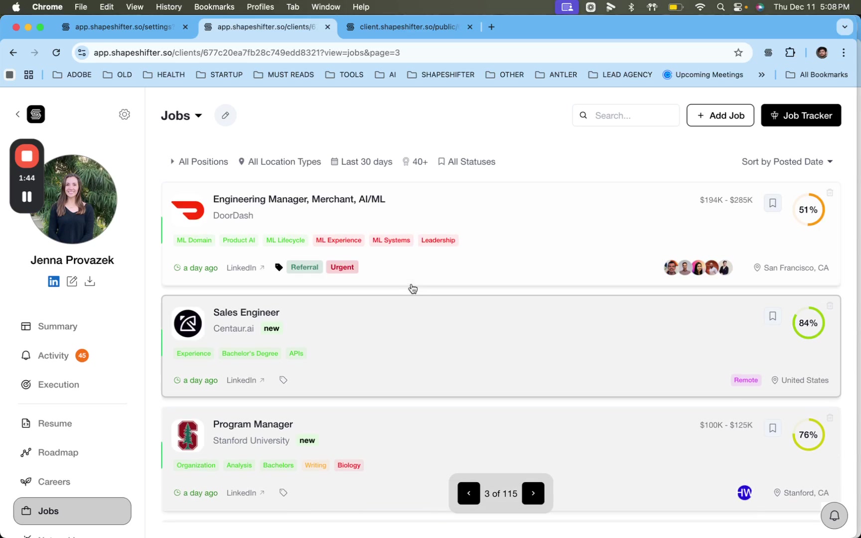 Jobs list in Shapeshifter showing cards for roles like 'Engineering Manager, Merchant, AI/ML' at DoorDash (with tags including Urgent and Referral), 'Sales Engineer' at Centaur.ai; sidebar navigation and progress indicators.