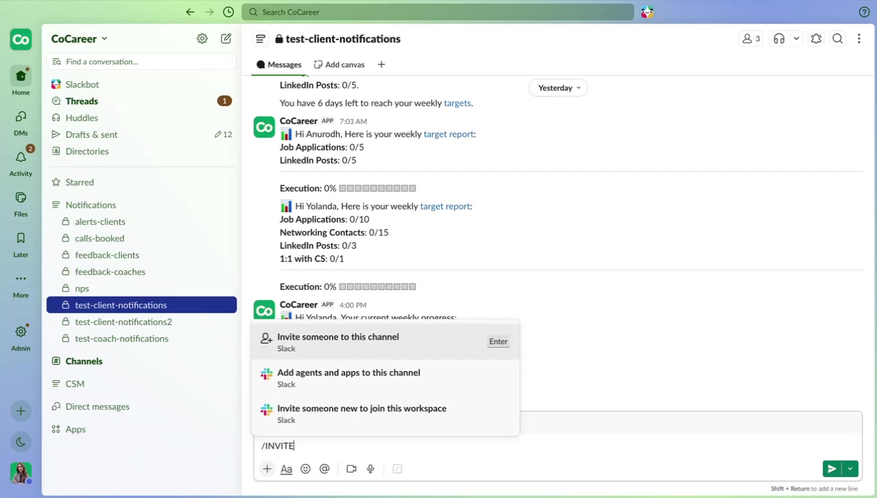Slack channel message field with /invite @CoCareer