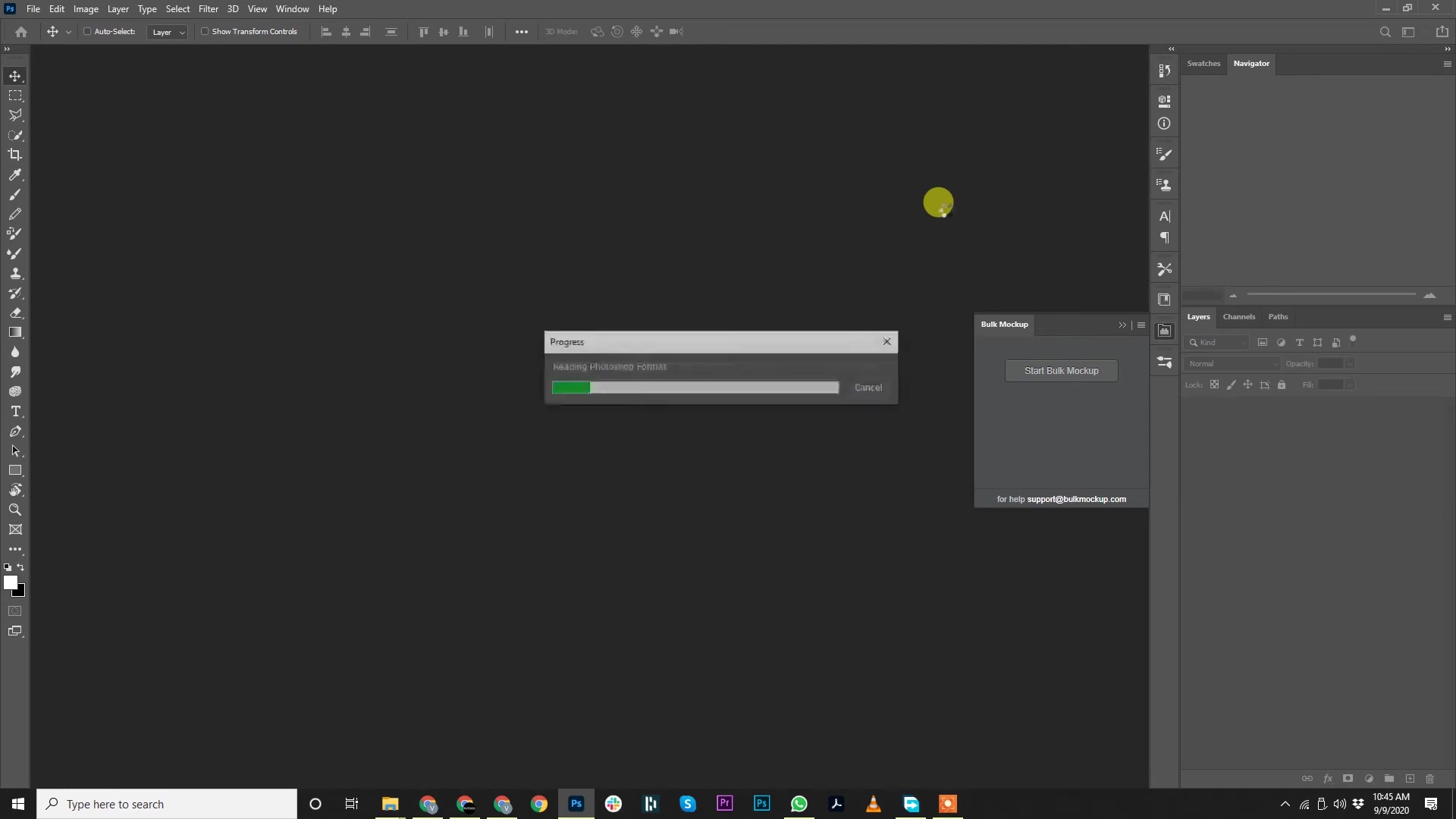 Adobe Photoshop Progress dialog showing 'Reading Photoshop format' with green progress bar during Bulk Mockup processing, indicating successful file handling post-deletion of temp files. Bulk Mockup panel and toolbar visible.
