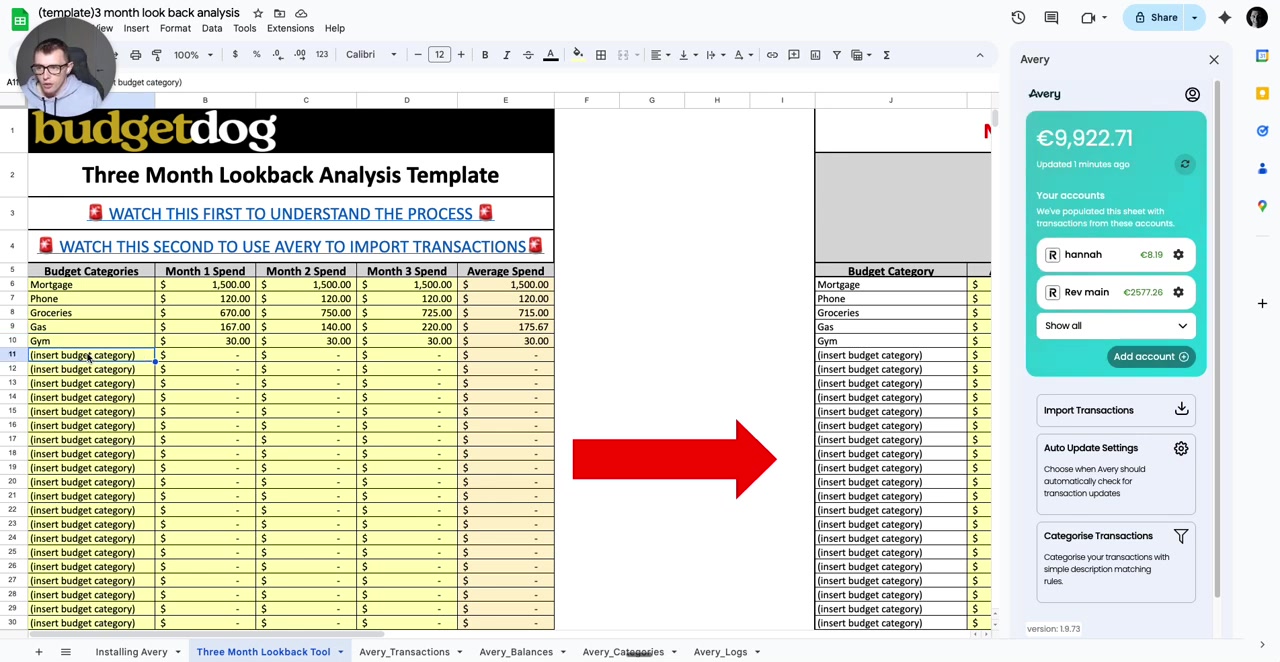 Google Sheet 'Three Month Lookback Analysis Template' with user typing 'Subscriptions' into a budget category cell; Avery sidebar shows accounts and options.