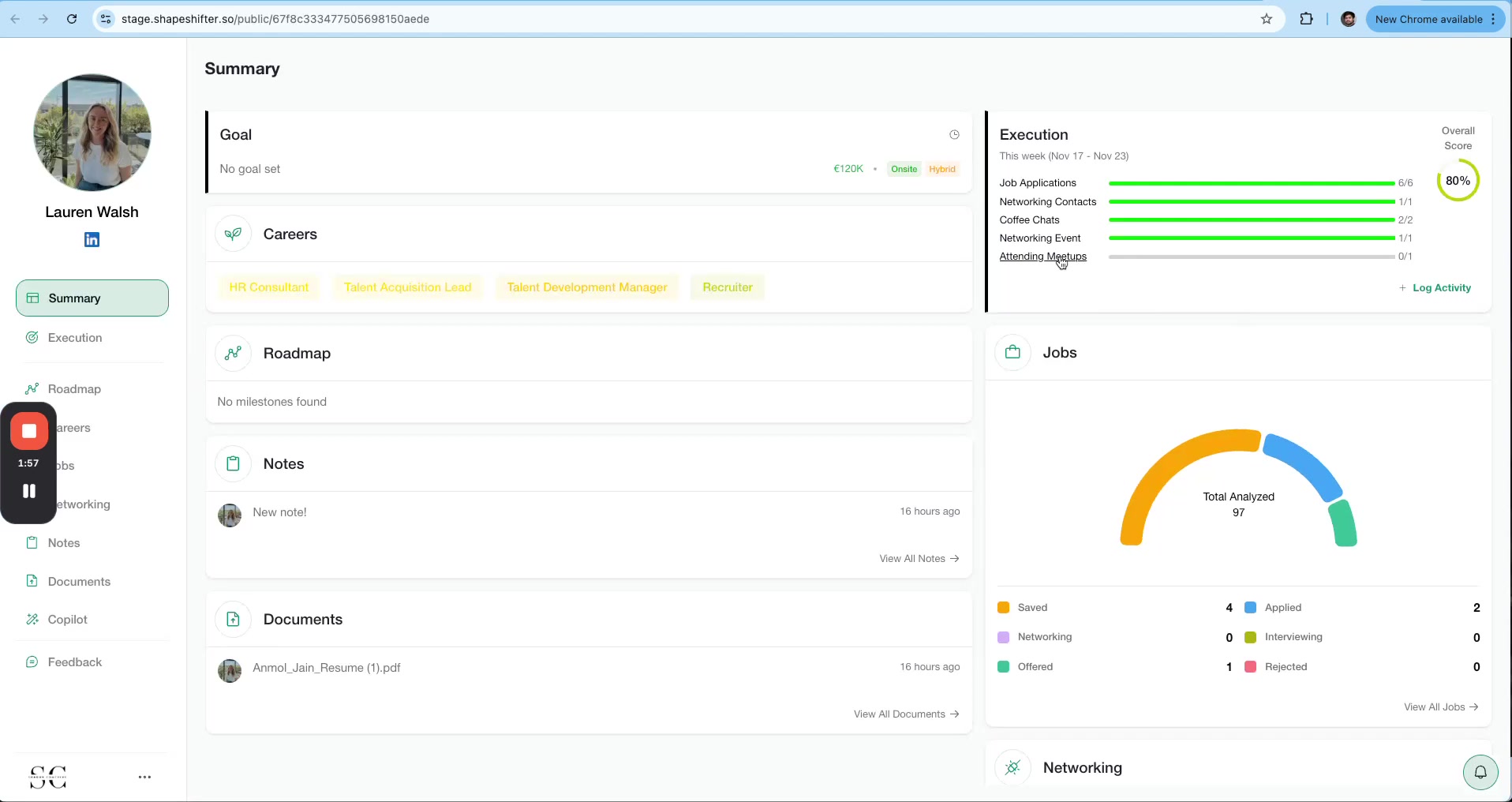 Screenshot of a personal career summary dashboard for Lauren Walsh. Execution section with progress for Job Applications, Networking Contacts, Coffee Chats, Networking Event, Attending Meetups (80% overall).
