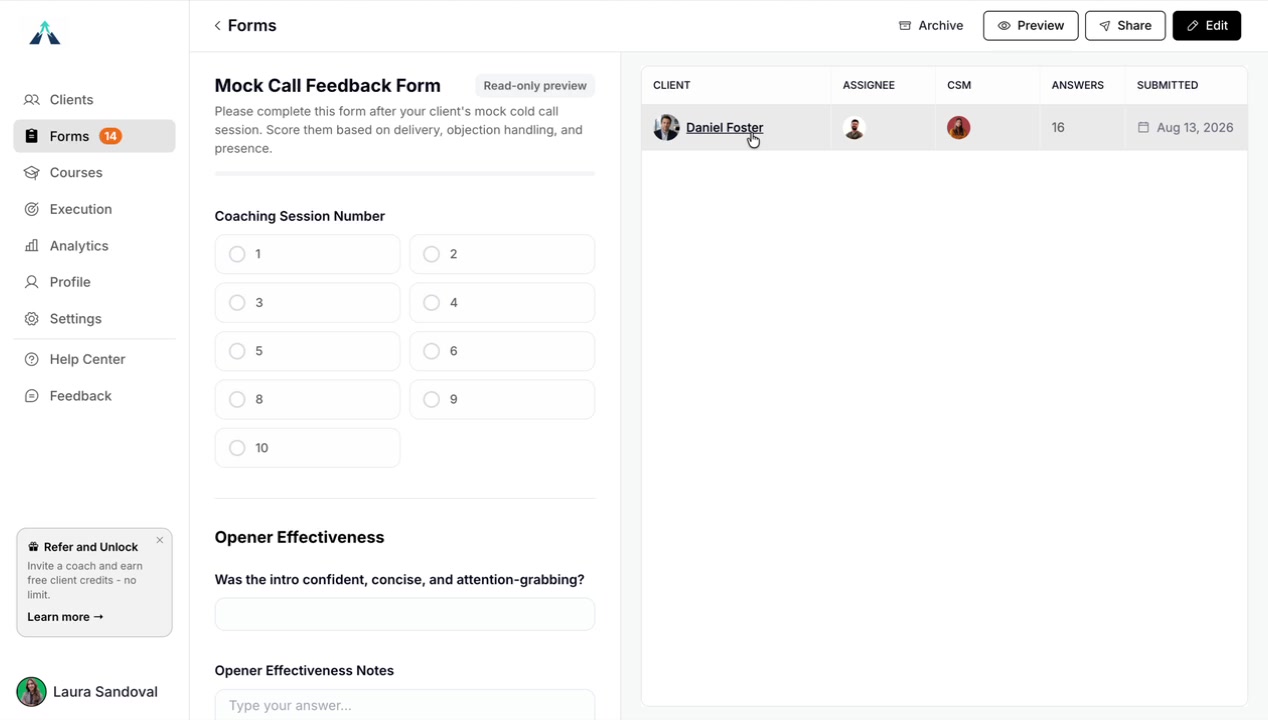 A client's submitted form answers