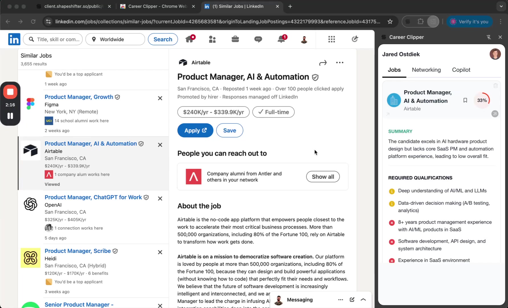 Job analysis results showing 33% compatibility score with detailed qualifications breakdown