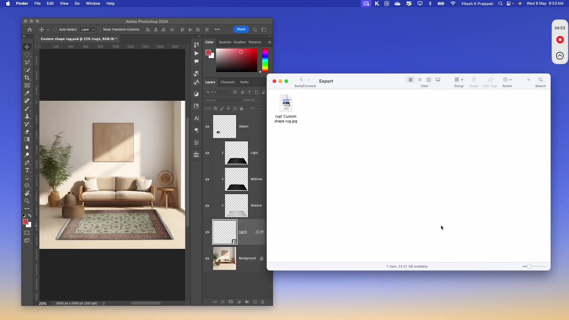 A Finder window showing the 'Export' folder populated with generated JPG images, each displaying a different rug design within the living room mockup.