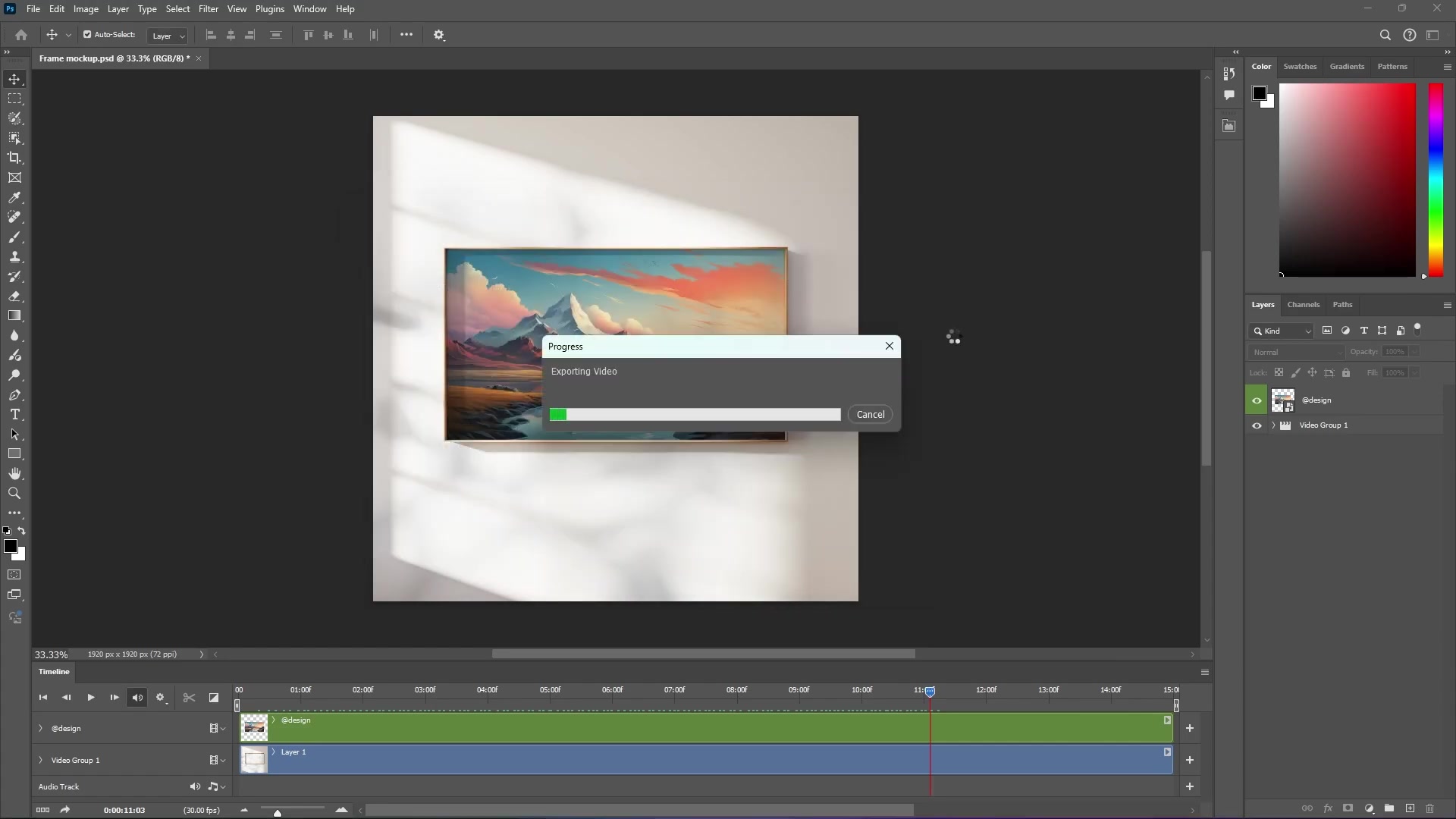 Adobe Photoshop 'Progress' dialog showing 'Exporting video' with green progress bar, main canvas displaying final frame mockup.