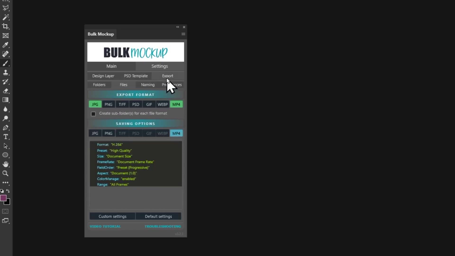 Bulk Mockup plugin 'Settings' > 'Export' tab with MP4 selected as export format (H.264, High Quality preset), alongside other options like JPG/PNG; dark theme UI with version v3.2.3.