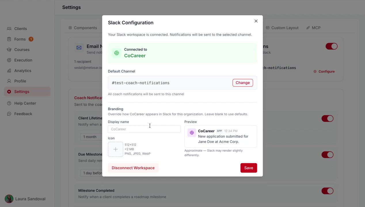 Slack Configuration branding with display name Acme Coaching and message preview
