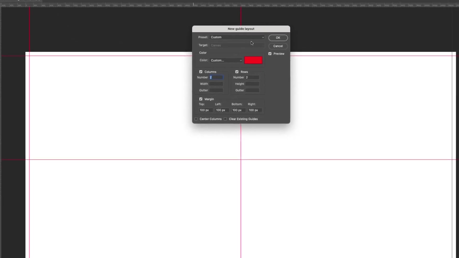 Adobe Photoshop 'New Guide Layout' dialog with Preset: Custom, Columns: Number 3 (rows unchecked, no margins), Preview checked; background canvas shows red vertical guides dividing into three equal sections.