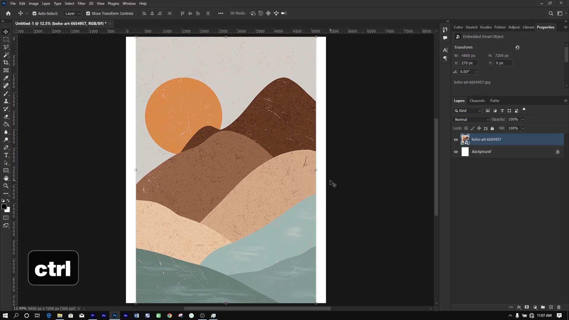 Photoshop canvas with boho abstract landscape artwork (hills in earth tones, orange sun) selected as Smart Object in Layers panel. Free Transform bounding box active around artwork; 'Ctrl T' overlay in bottom-left indicates shortcut for stretching to fit canvas edges while holding Shift.
