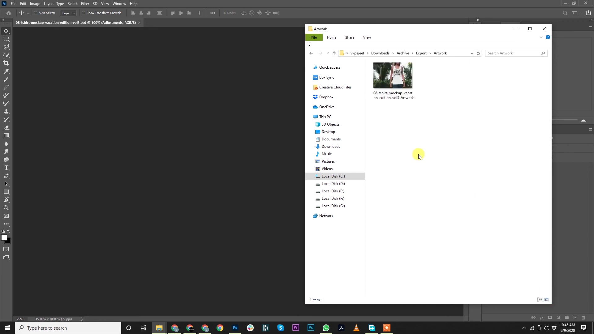 Windows Explorer view of 'Export/Artwork' folder containing generated T-shirt mockup image '08-tshirt-mockup-vacation-edition-v03-Artwork' thumbnail, with Photoshop interface open to PSD file on left. Additional frame at 02:20 shows 'Untitled-1' variant.
