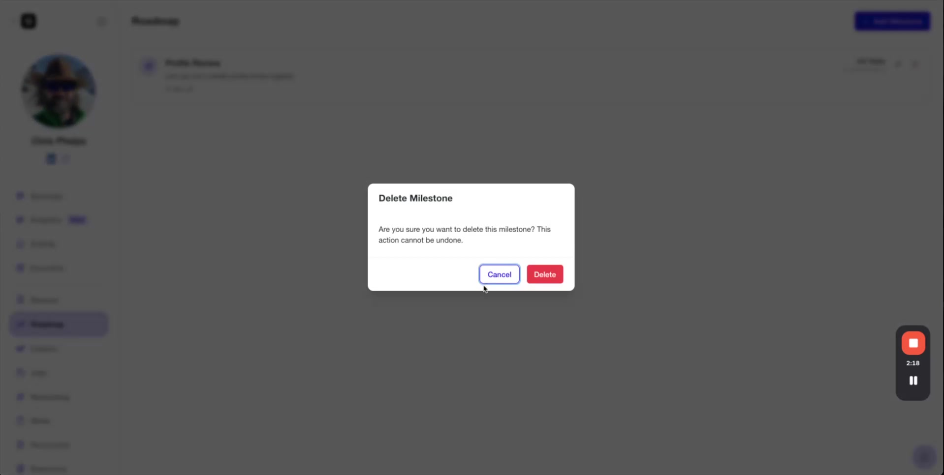 Delete confirmation modal warning that the action cannot be undone