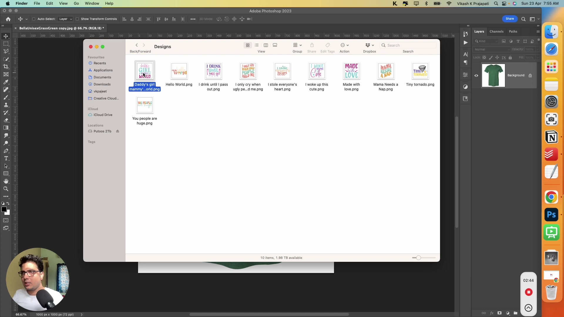 Adobe Photoshop showing design files ready to drag onto t-shirt mockup