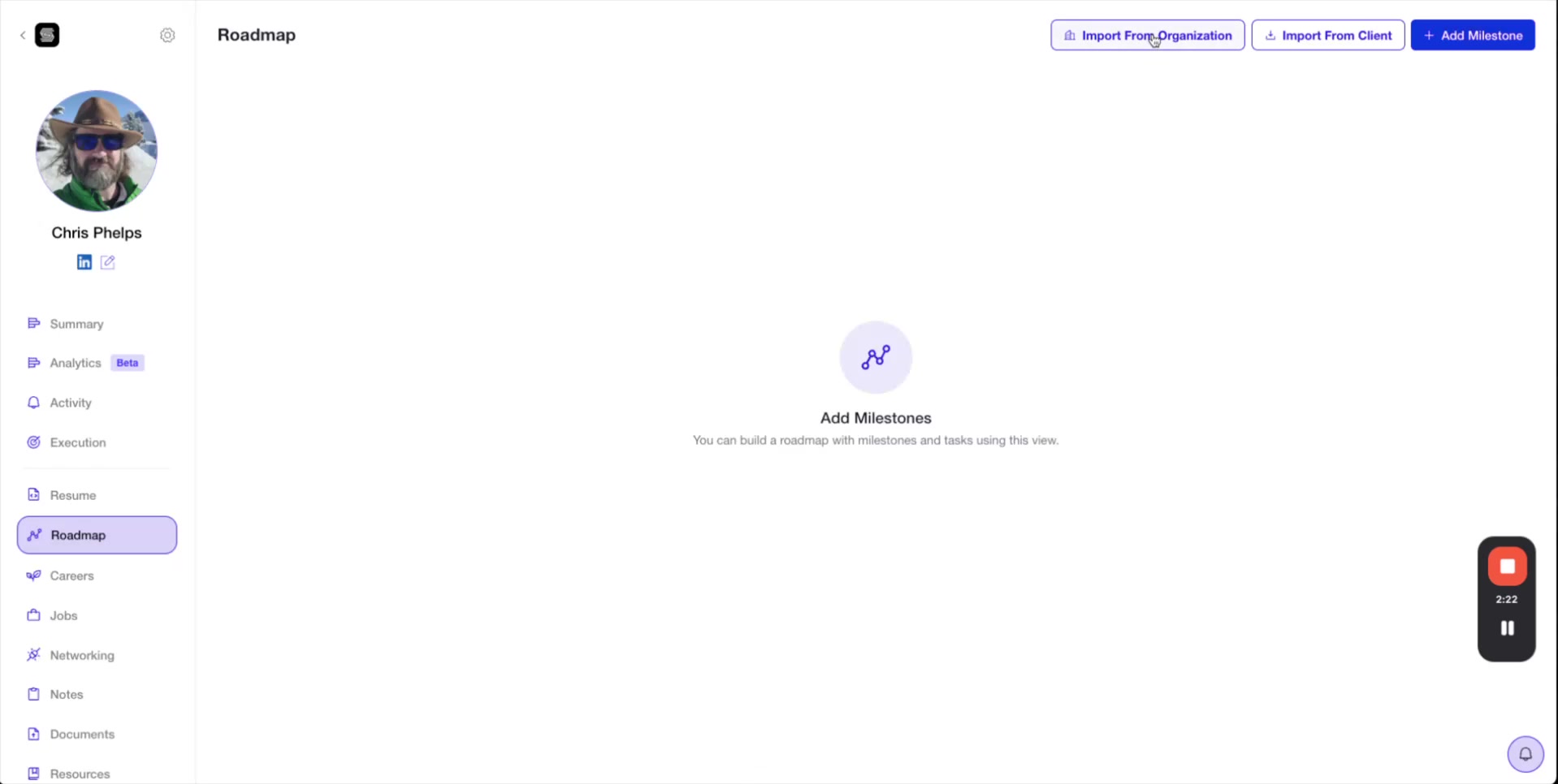Client roadmap populated with imported organization templates