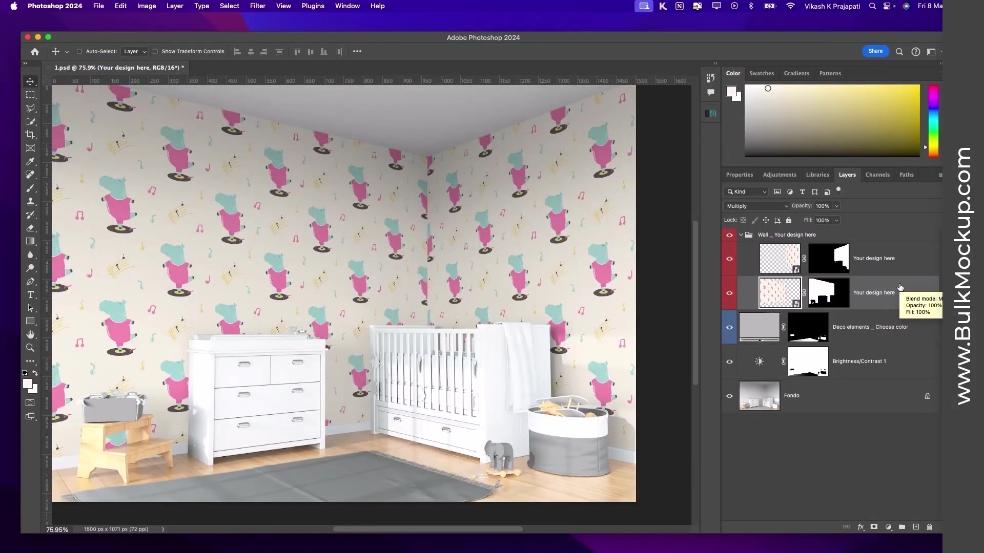 Adobe Photoshop Layers panel with a smart object layer in the 'Wall - Your design here' group selected and being renamed to '@design' for automation. Kid's room mockup with hippo wallpaper visible on canvas.
