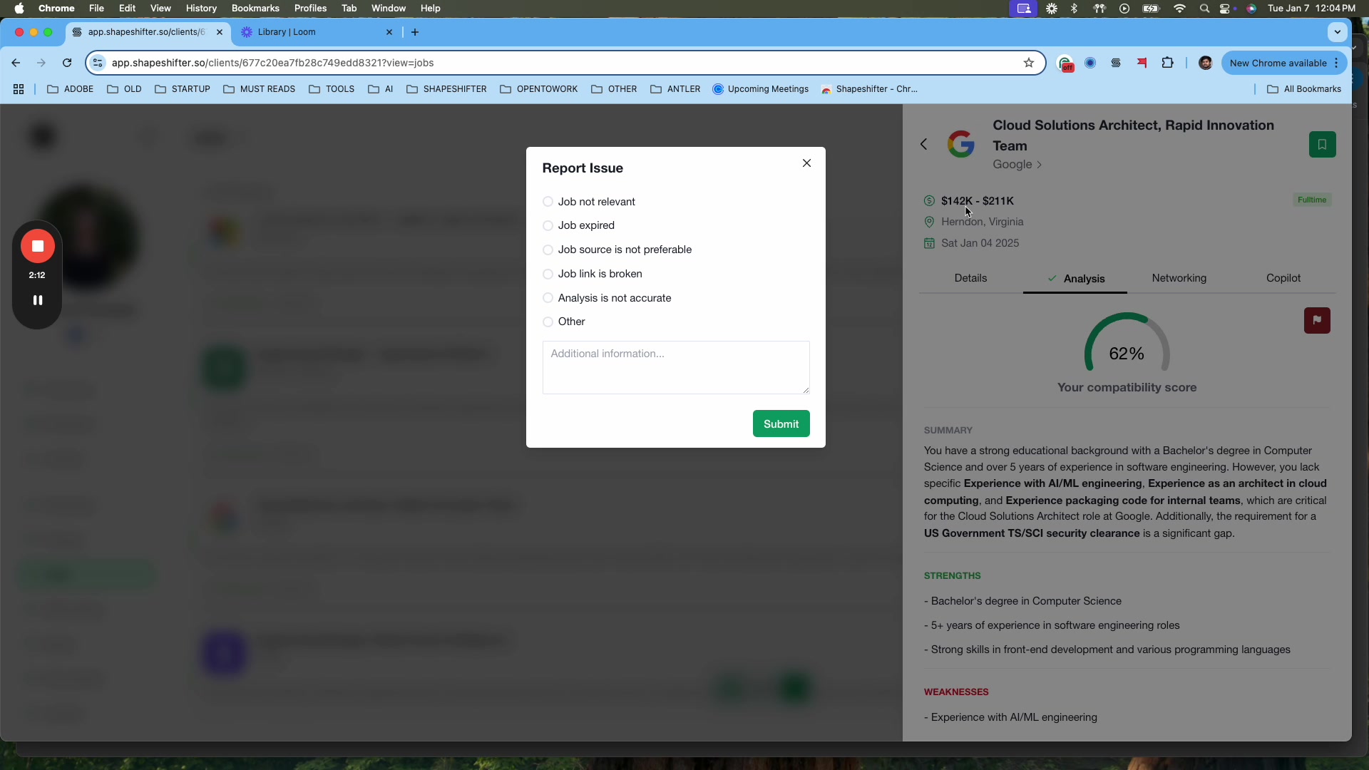 Report Issue modal with selected option and additional information filled in