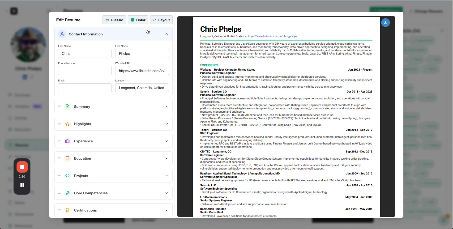 Edit Resume panel showing Classic and Modern template options with left editing fields and right resume preview