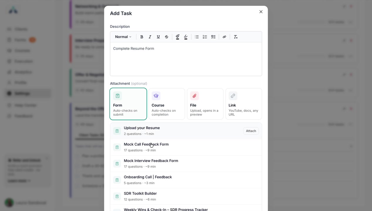 Selecting the Upload your Resume form as a task attachment