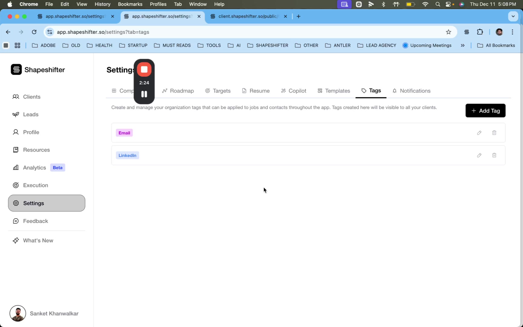 Shapeshifter Settings > Tags page listing org-level tags 'Email' and 'LinkedIn' with edit/delete options; description for organization-wide use; '+ Add Tag' button; left sidebar navigation.