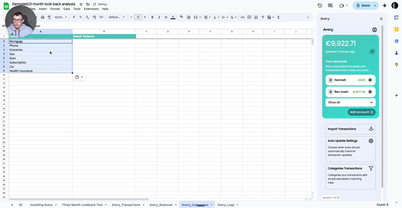 'Avery_Categories' sheet with pasted custom categories (Mortgage, Phone, Groceries, Subscriptions, Car, Health Insurance) in column A and 'Match Patterns' in B; Avery sidebar visible.