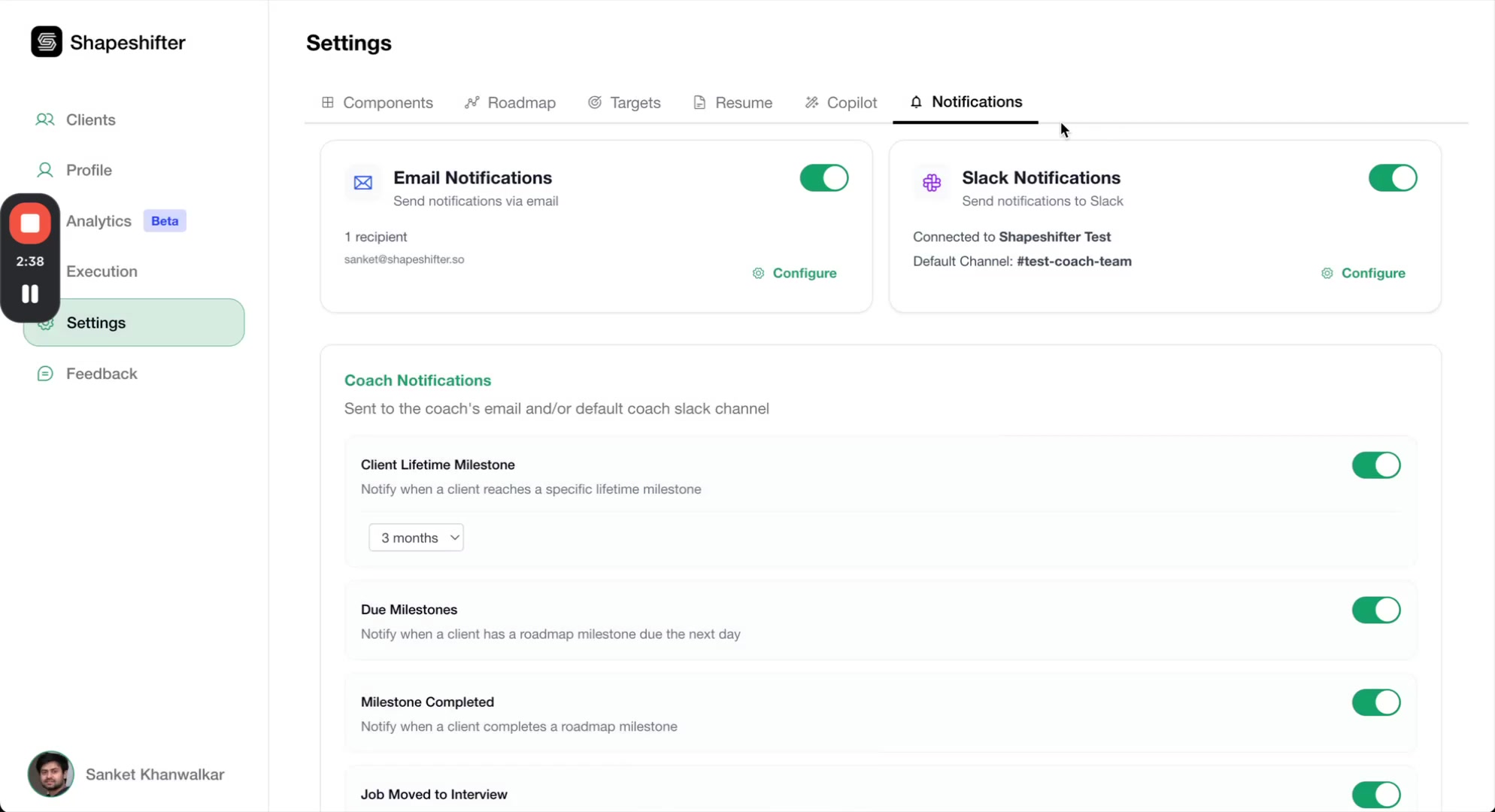 Notifications settings page now showing Default Channel configured as test-coach-team
