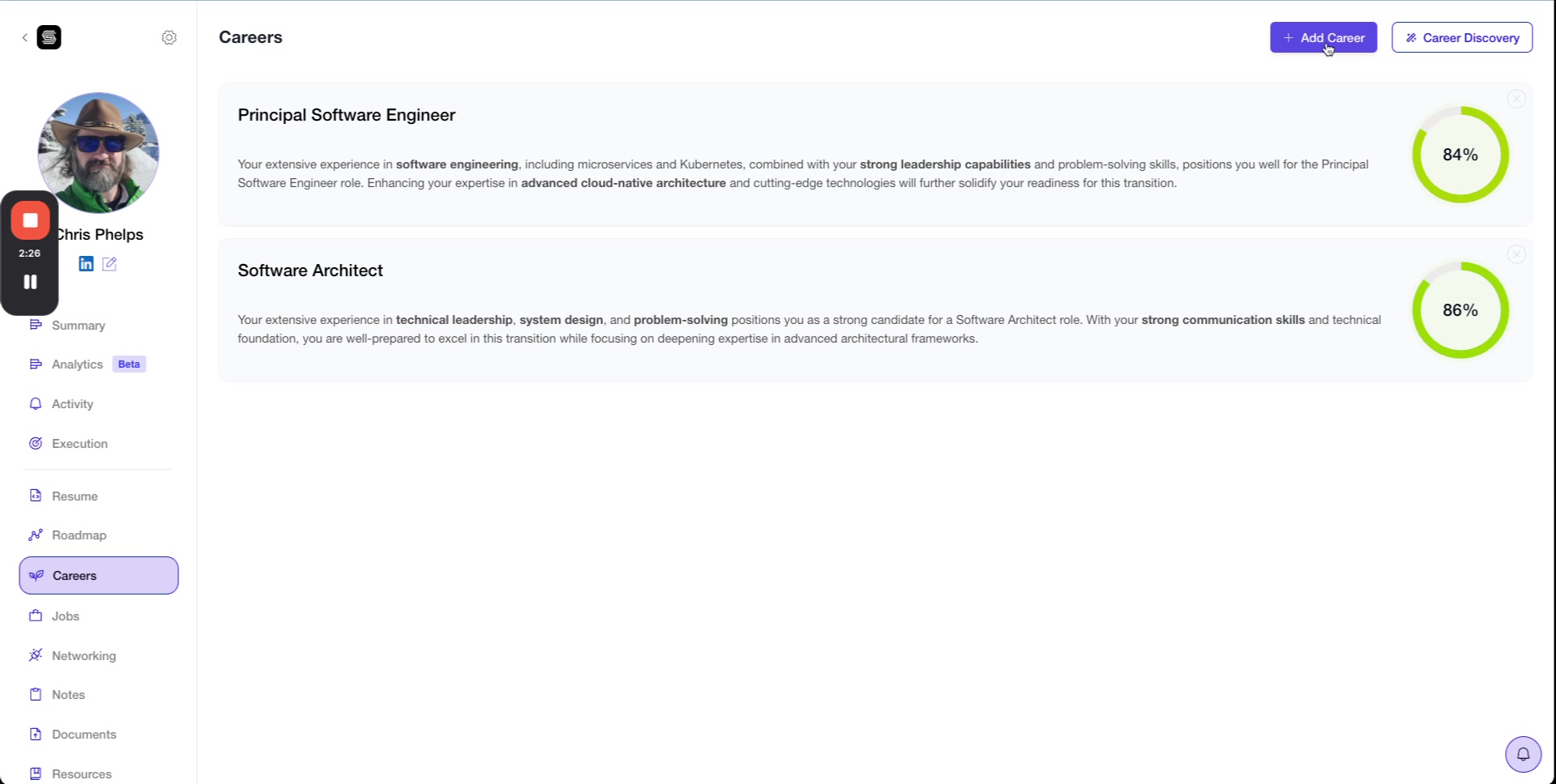Careers page with existing roles listed and the Add Career button highlighted in the top right corner